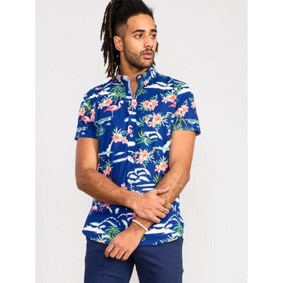 D555 DURHAM FLAMINGO PRINT HAWAIIAN COTTON SHIRT