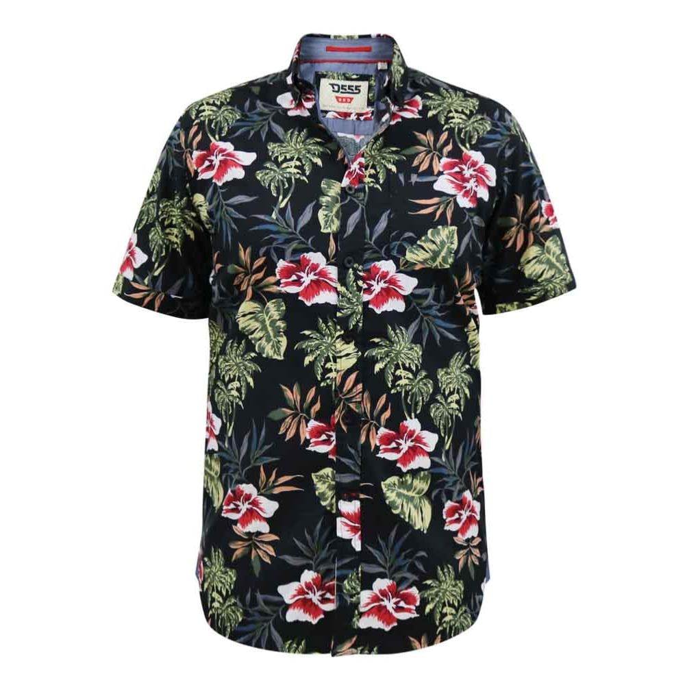D555 Wilton Big Mans Hawaiian Floral Print Cotton Shirt Black
