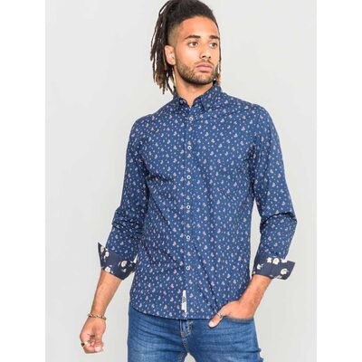D555 EDMUND LONG SLEEVE PURE COTTON ALL OVER FLORAL PRINT SHIRT NAVY