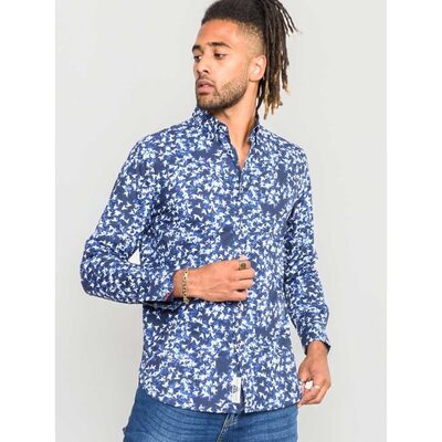 D555 HARROW LONG SLEEVE PURE COTTON ALL OVER PRINT SHIRT BLUE