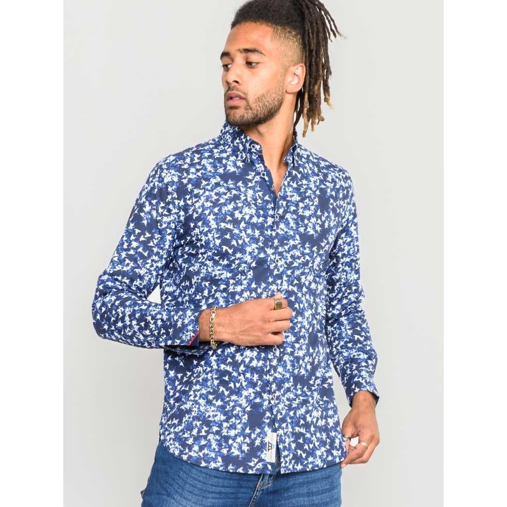 D555 HARROW LONG SLEEVE PURE COTTON ALL OVER PRINT SHIRT BLUE