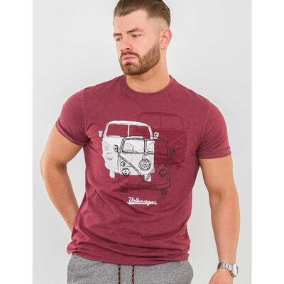 D555 HUGHES OFFICIAL LICENSED VW CAMPERVAN TRIO PRINT T-SHIRT RED MARL