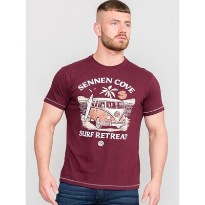 D555 KESWICK OFFICIAL LICENSED VW SURF BEACH CAMPERVAN PRINTED TEE BURGUNDY