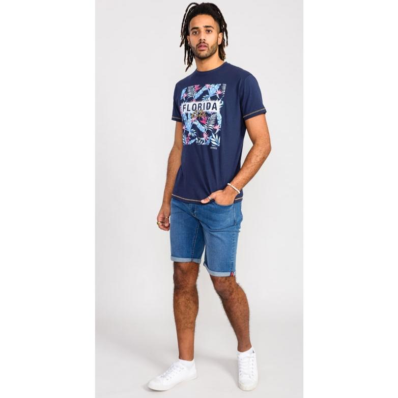 D555 PRESTWICK FLORIDA TROPICAL PRINT NATURAL COTTON TEE SHIRT NAVY