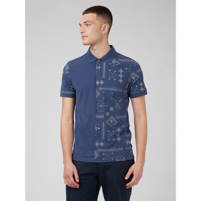 BEN SHERMAN GEO PRINT POLO SHIRT BLUE DENIM