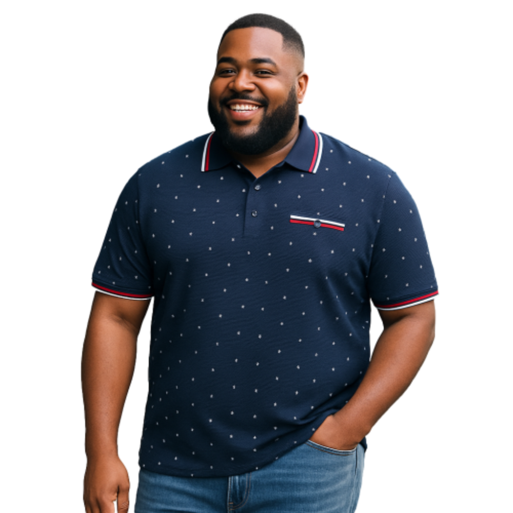 KAM YARN DROP NEEDLE JERSEY POLO WITH DOBBY PRINT NAVY