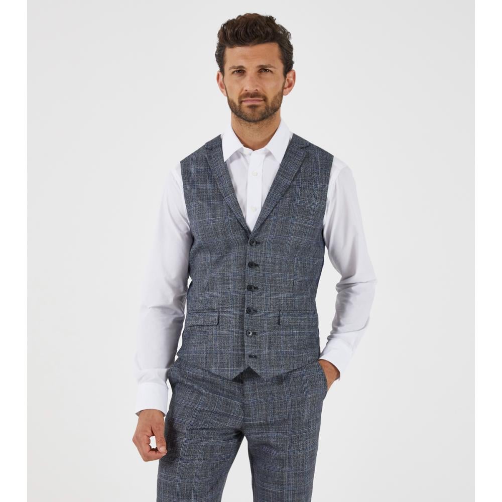 SKOPES ACARO NEW LYFCYCLE SUIT RANGE GREY AND BLUE CHECK WAISTCOAT