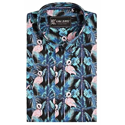 KAM BLACK LABEL PREMIUM SHORT SLEEVE FLAMINGO PRINT SHIRT