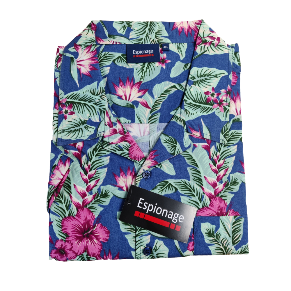 ESPIONAGE HIBISCUS PRINT HAWAIIAN SHIRT WITH REVERE COLLAR