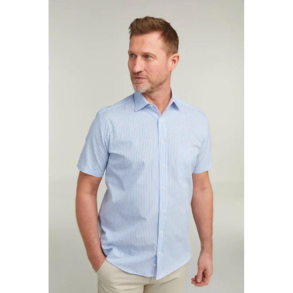 DOUBLE TWO LIFESTYLE MULTI-STRIPED SHORT SLEEVE SHIRT BLUE