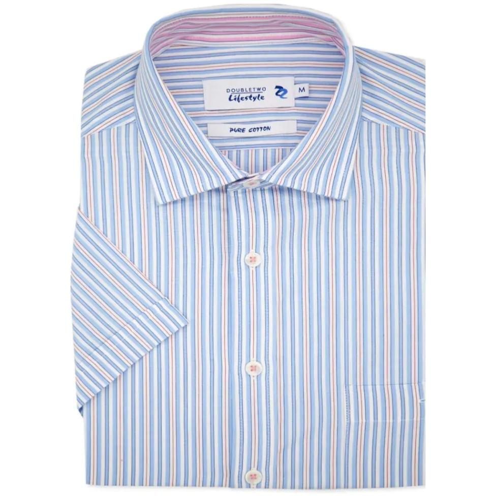 DOUBLE TWO LIFESTYLE MULTI-STRIPED SHORT SLEEVE SHIRT BLUE