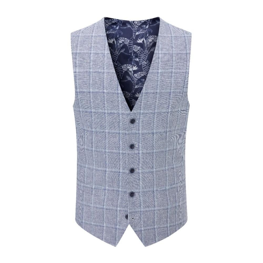 SKOPES LUMIS PALE BLUE CHECK LINEN COTTON WAISCOAT