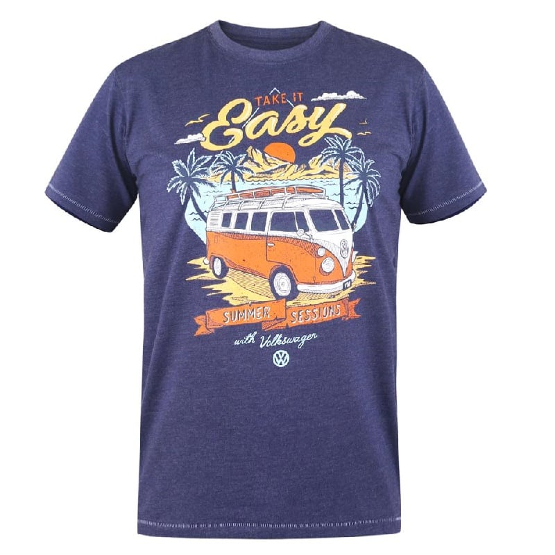 D555 ANGLIA OFFICIAL LICENSED VW CAMPERVAN PRINT T-SHIRT TAKE IT EASY NAVY