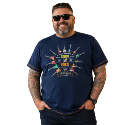 D555 COLIN BORN TO ROCK PRINTED CREW NECK TEE SHIRT FRENCH NAVY