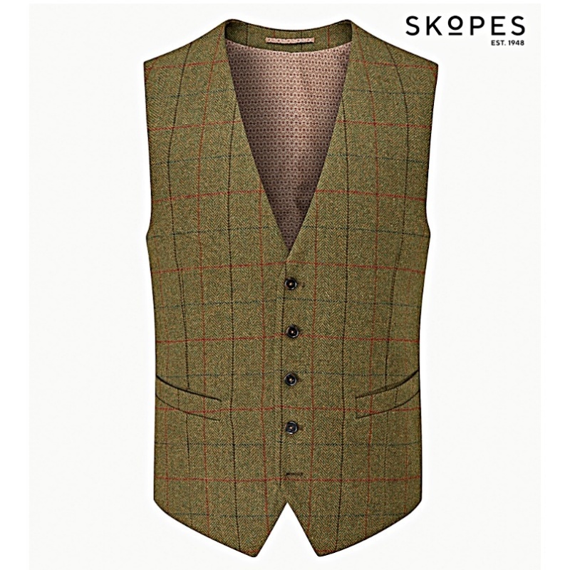 OSWIN - SKOPES WOOL BLEND HERRINGBONE TWEED WAISTCOAT WITH OVER CHECK GREEN