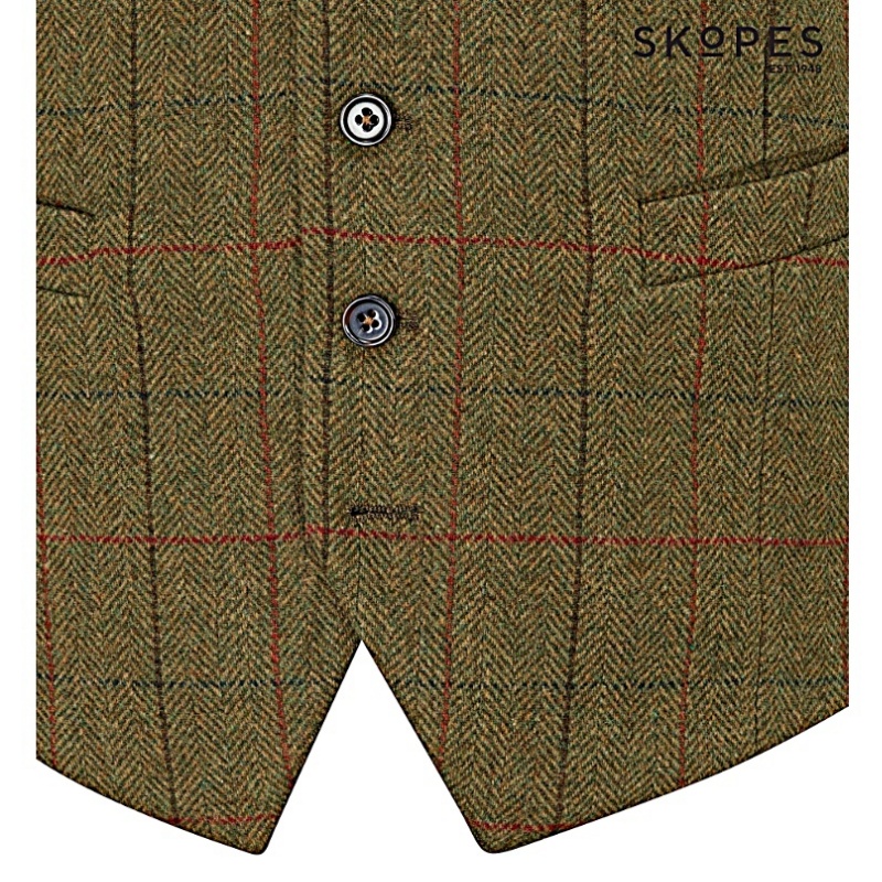 OSWIN - SKOPES WOOL BLEND HERRINGBONE TWEED WAISTCOAT WITH OVER CHECK GREEN