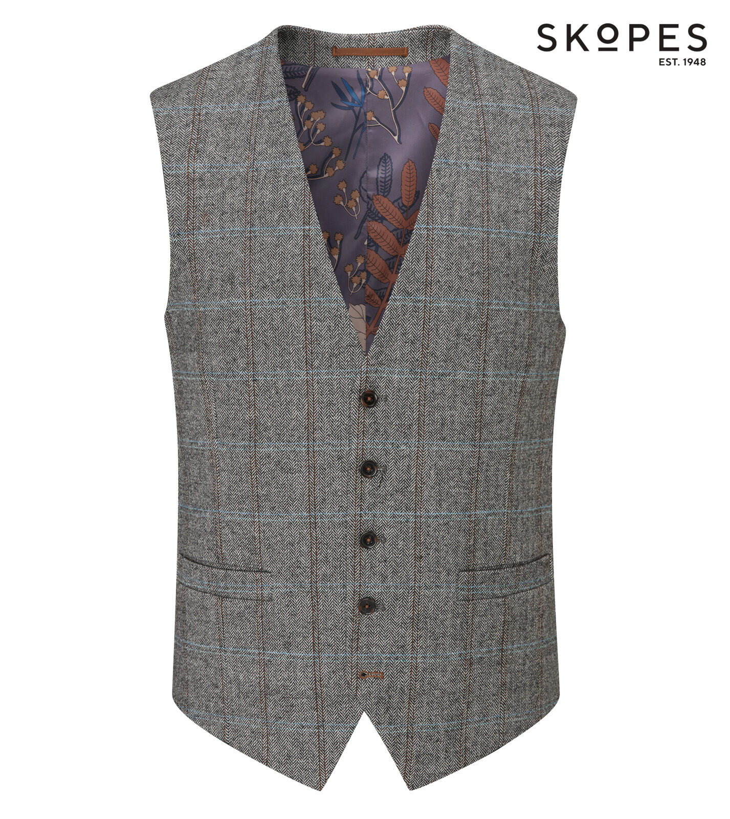 ROWAN - SKOPES WOOL BLEND HERRINGBONE WAISTCOAT WITH OVER CHECK BROWN