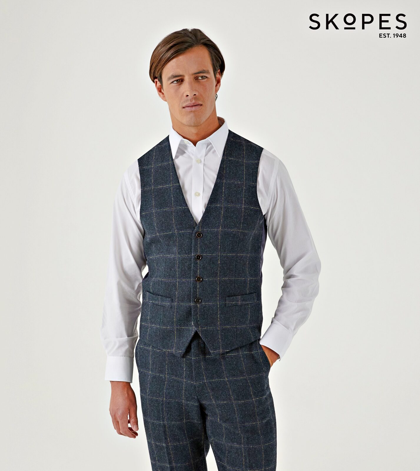 HEATON - SKOPES WOOL BLEND HERRINGBONE WAISTCOAT WITH OVER CHECK NAVY
