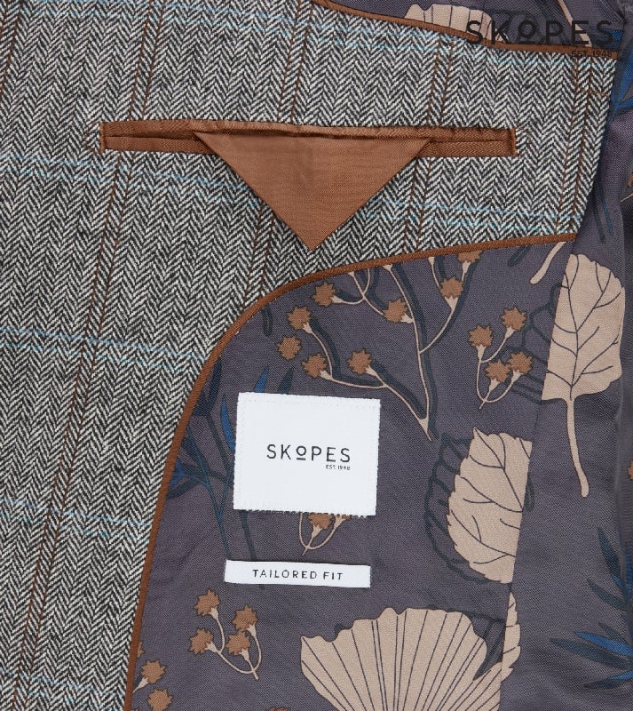 ROWAN - SKOPES WOOL BLEND HERRINGBONE JACKET WITH OVER CHECK BROWN 50" REGULAR