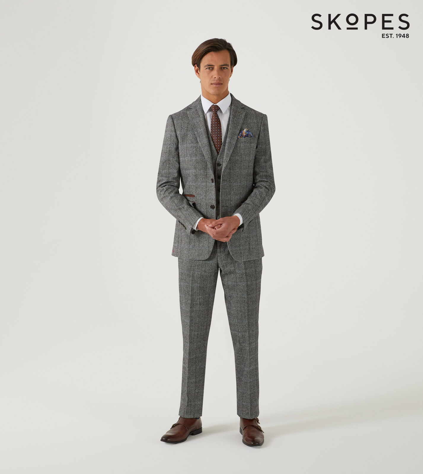 ROWAN - SKOPES WOOL BLEND HERRINGBONE JACKET WITH OVER CHECK BROWN 50" REGULAR