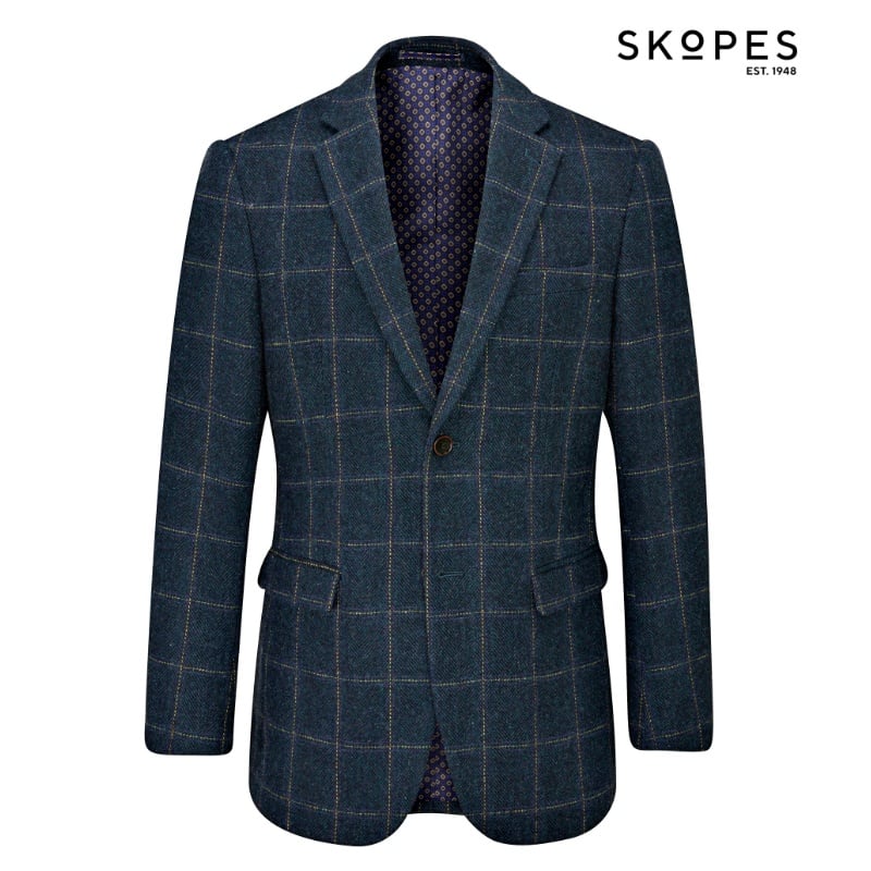 HEATON - SKOPES WOOL BLEND HERRINGBONE JACKET WITH OVER CHECK NAVY
