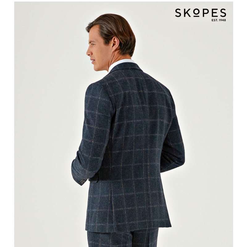 HEATON - SKOPES WOOL BLEND HERRINGBONE JACKET WITH OVER CHECK NAVY