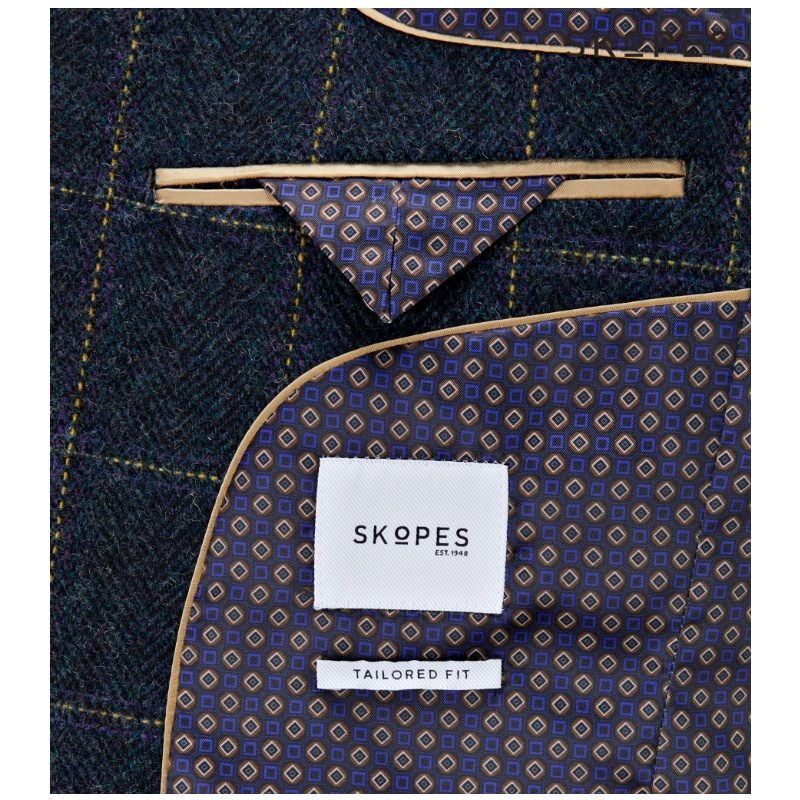 HEATON - SKOPES WOOL BLEND HERRINGBONE JACKET WITH OVER CHECK NAVY