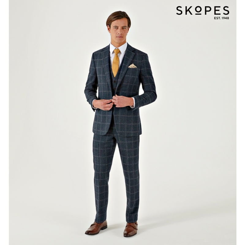 HEATON - SKOPES WOOL BLEND HERRINGBONE JACKET WITH OVER CHECK NAVY