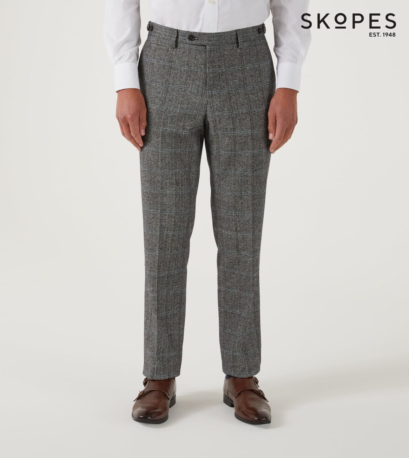 ROWAN - SKOPES WOOL BLEND HERRINGBONE TROUSERS WITH OVER CHECK BROWN