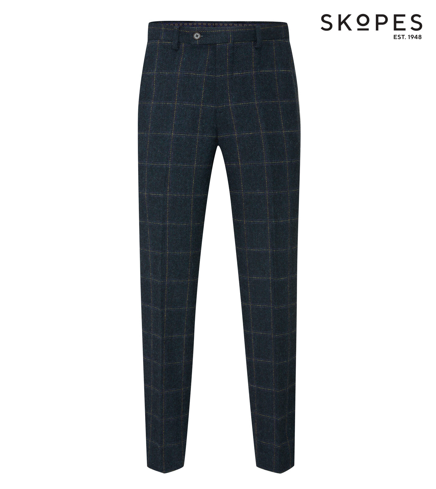 HEATON - SKOPES WOOL BLEND HERRINGBONE TROUSERS WITH OVER CHECK NAVY