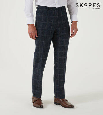 HEATON - SKOPES WOOL BLEND HERRINGBONE TROUSERS WITH OVER CHECK NAVY