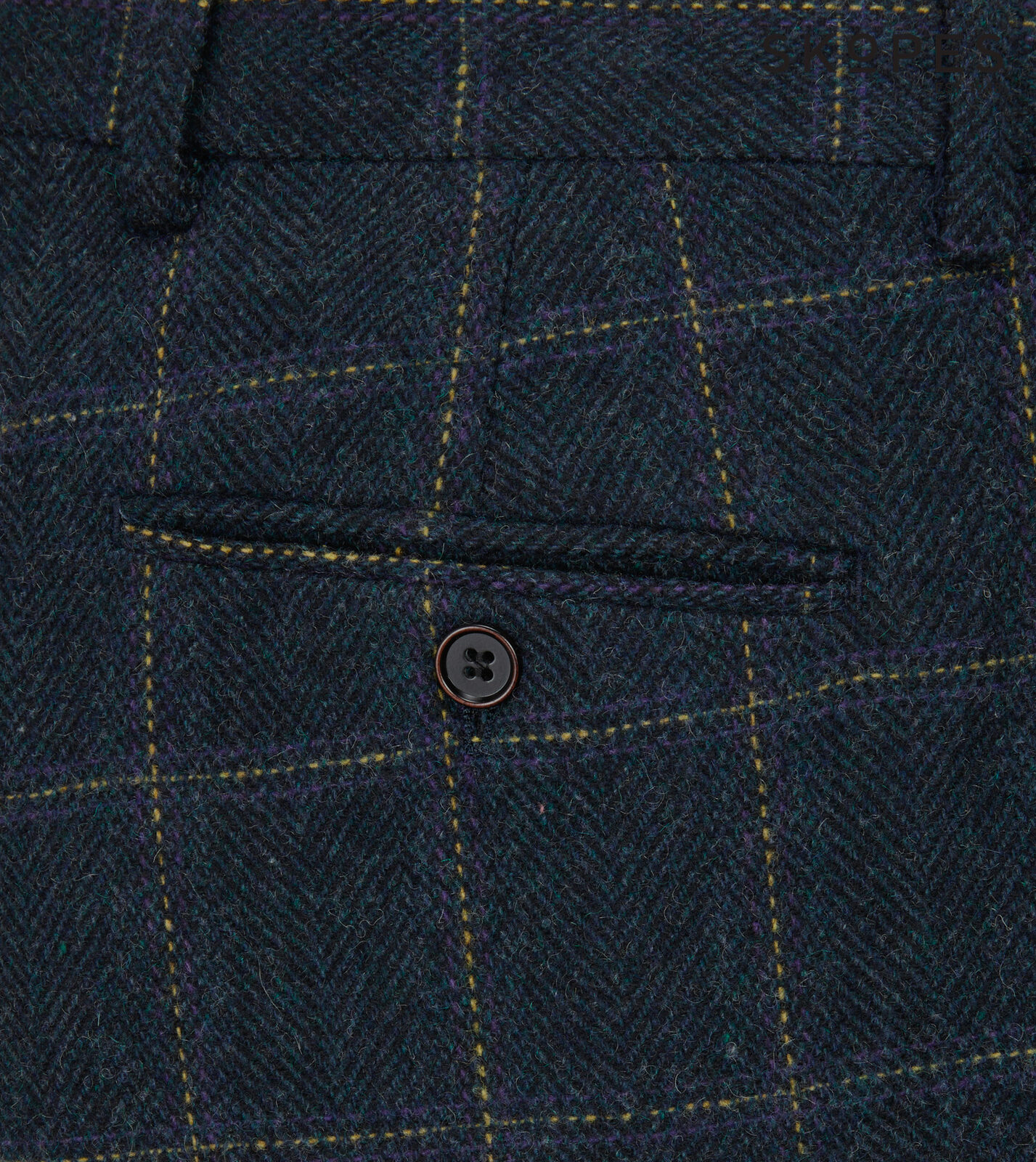 HEATON - SKOPES WOOL BLEND HERRINGBONE TROUSERS WITH OVER CHECK NAVY