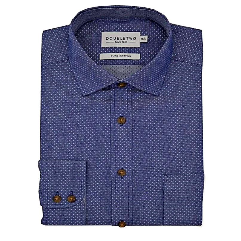 DOUBLE TWO PURE COTTON SPOTTED FORMAL LONG SLEEVE SHIRT BLUE