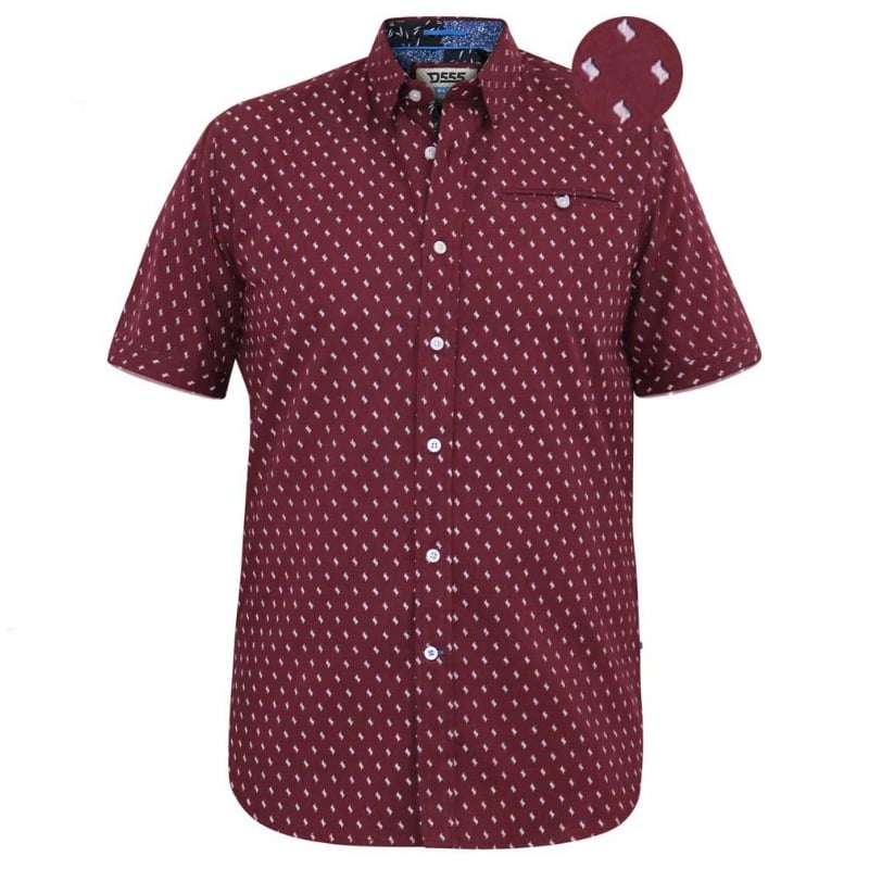 D555 DUNSTABLE SHORT SLEEVE MICRO ALL OVER PRINT SHIRT WITH HIDDEN BUTTON DOWN COLLAR BURGUNDY