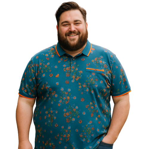 KAM ALL OVER DIGITAL FLORAL PRINT POLO WITH TIPPED COLLAR AND CUFFS BLUE -