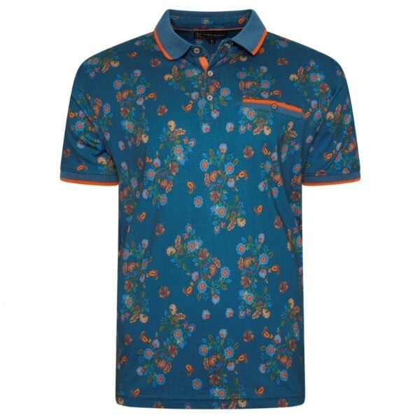 KAM ALL OVER DIGITAL FLORAL PRINT POLO WITH TIPPED COLLAR AND CUFFS BLUE - 6XL CLEARANCE