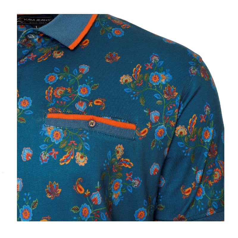 KAM ALL OVER DIGITAL FLORAL PRINT POLO WITH TIPPED COLLAR AND CUFFS BLUE - 6XL CLEARANCE