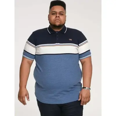 D555 OFFLEY STRIPE JERSEY POLO WITH RIBBED CUFFS NAVY / DENIM MARL