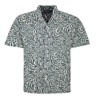 ESPIONAGE ABSTRACT PRINT SHORT SLEEVE SHIRT WITH REVERE COLLAR OLIVE
