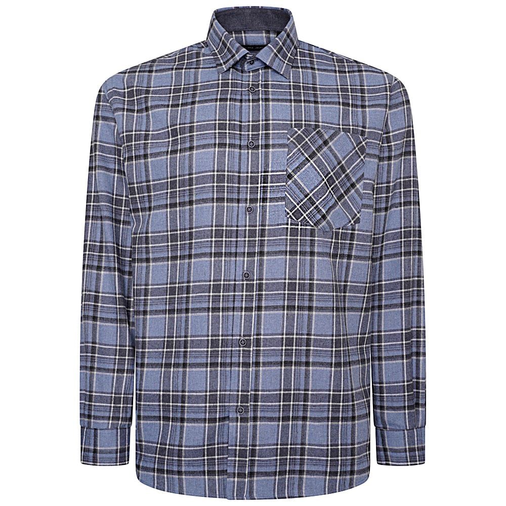 KAM Long Sleeve Flannel Check Shirt Denim P041