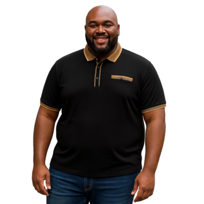 KAM JERSEY POLO WITH JACQUARD COLLAR AND CUFFS BLACK