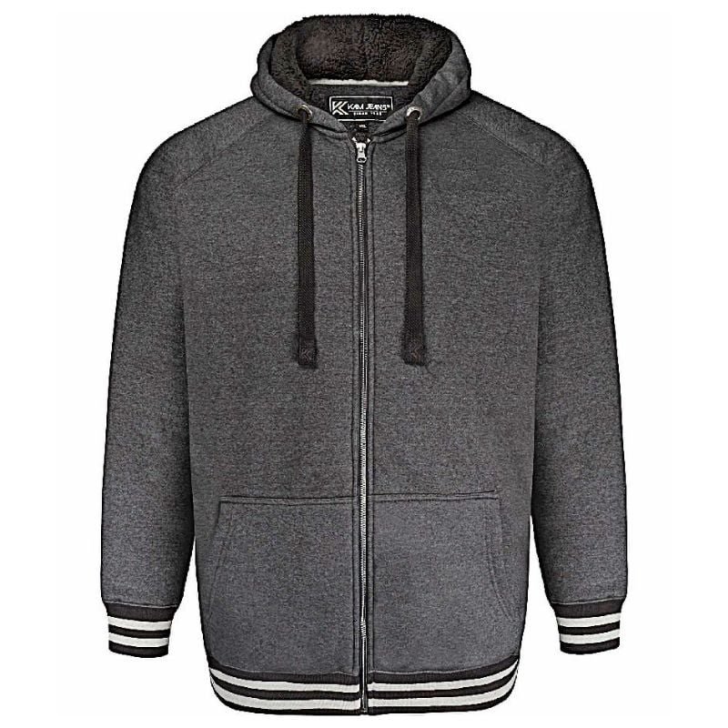 KAM PLUS SIZE ZIP THROUGH SHERPA LINED HOODY CHARCOAL