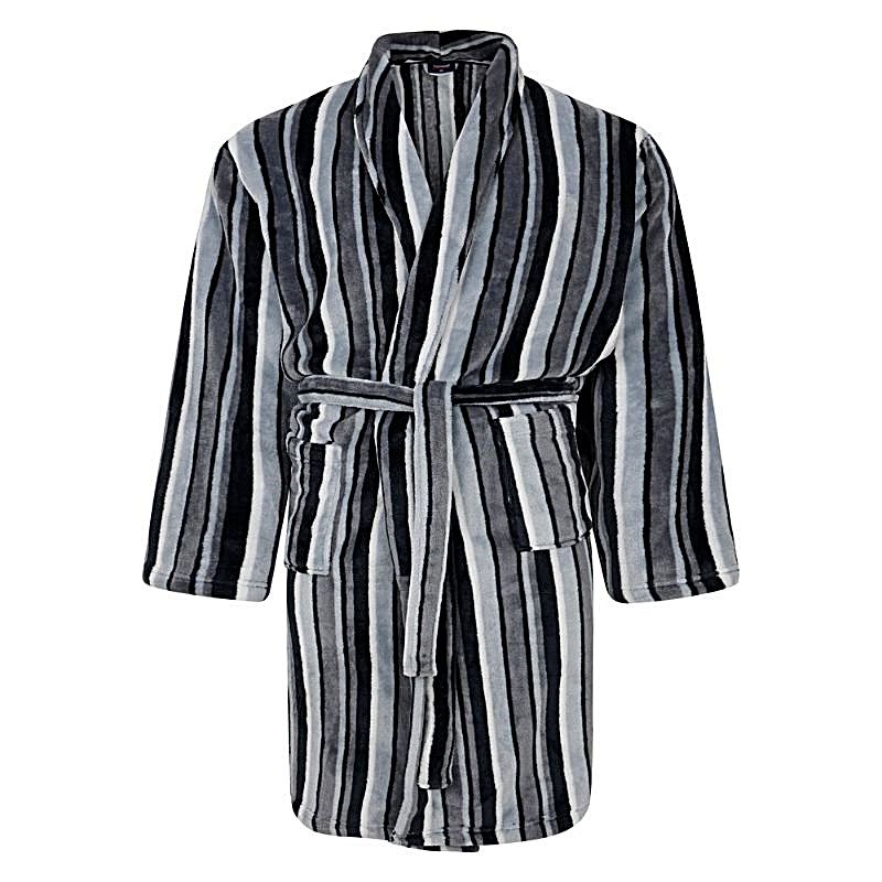ESPIONAGE Mens Stripe Big Fleece Dressing Gown BLACK/GREY PJ152
