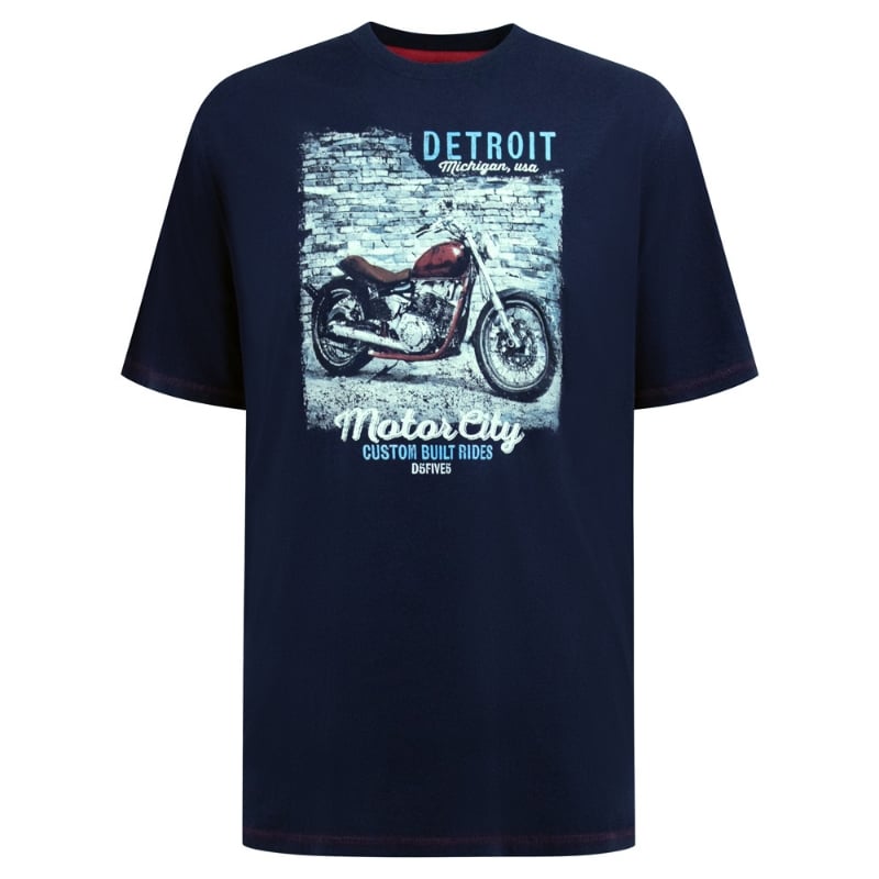 D555 Knowle Detroit Motorcycle Print Big Tee Navy