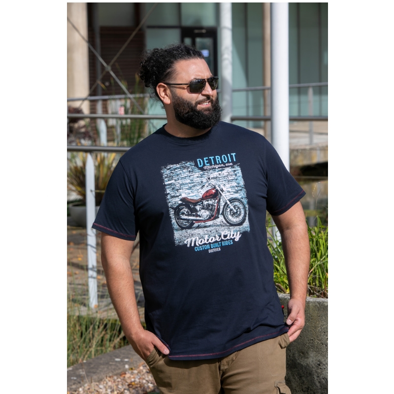 D555 Knowle Detroit Motorcycle Print Big Tee Navy