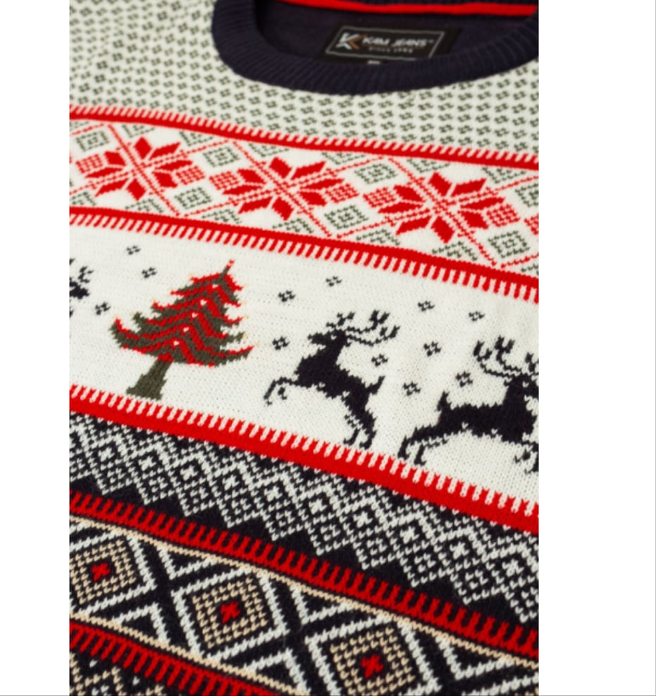 KAM Fairisle Design Reindeer Knitted Christmas Jumper NAVY X031
