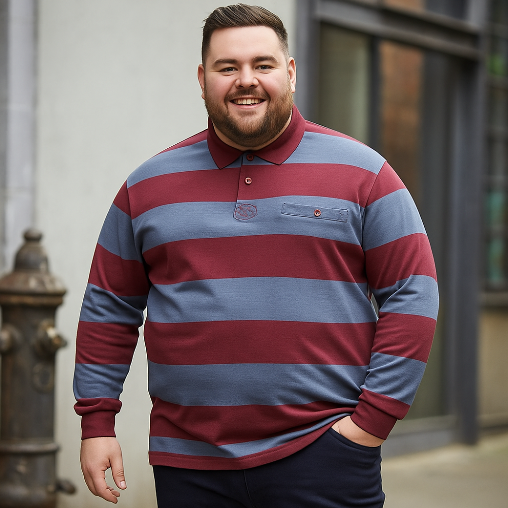 KAM Long Sleeve Stripe Rugby Polo INDIGO/MAROON KBA5535