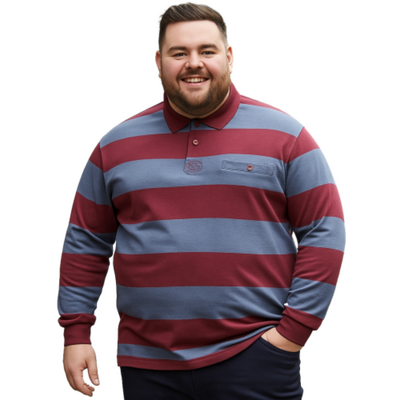 KAM Long Sleeve Stripe Rugby Polo INDIGO/MAROON KBS5535