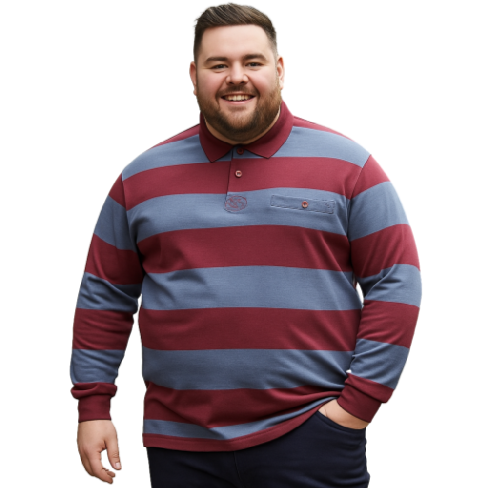 KAM Long Sleeve Stripe Rugby Polo INDIGO/MAROON KBS5535