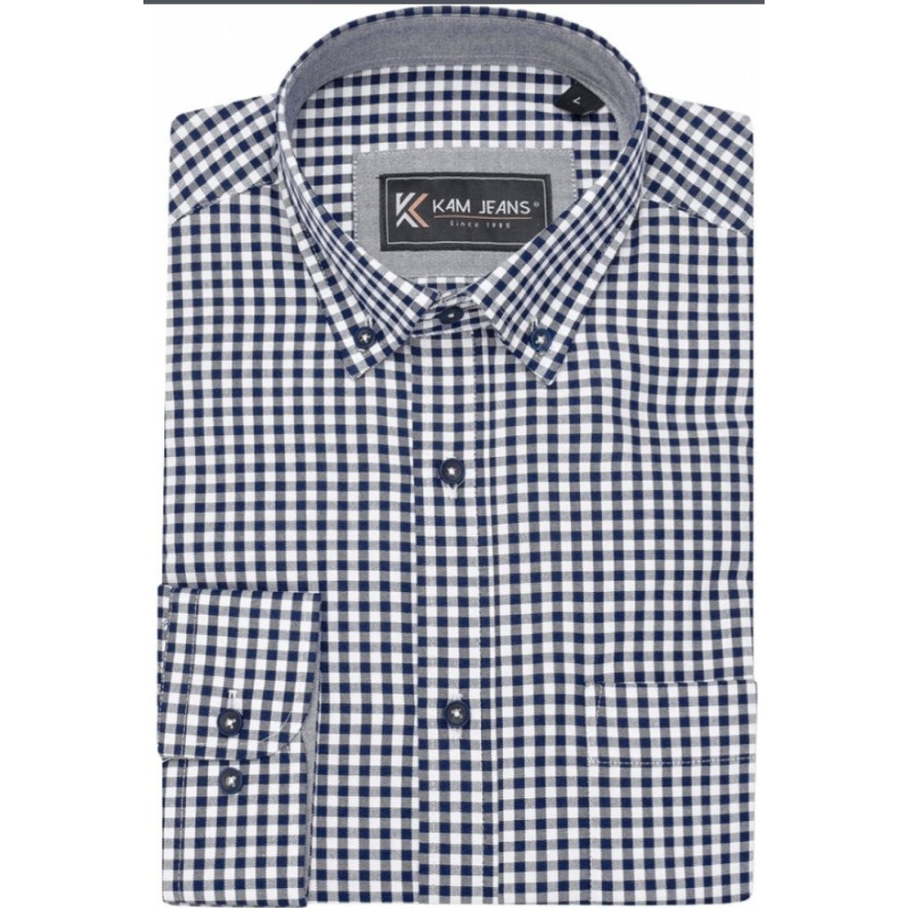 KAM Classic Gingham Long Sleeve Shirt NAVY KBS6351